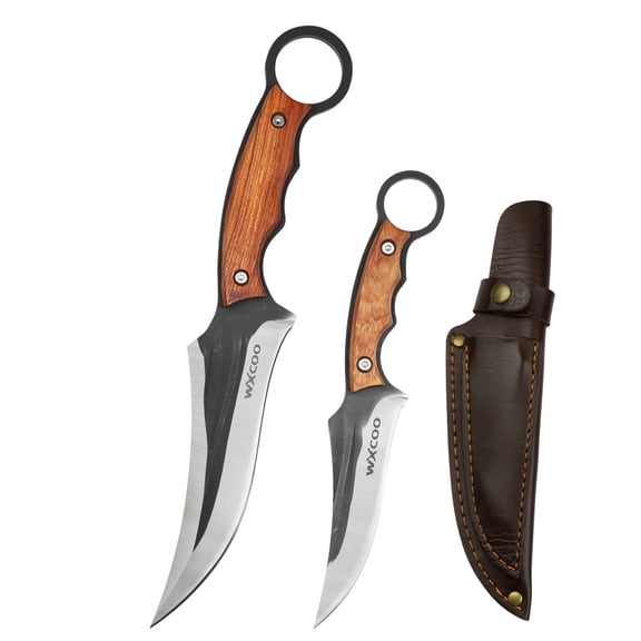 2-Piece Forged Fixed Blade Knives, Wood & Metal Composite Handle Ring Tactical Hunting Knife Set with Sheath