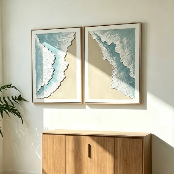 2-Piece Framed Ocean Wave Wall Art Set, 24x32 Inch 3D Textured Canvas Painting, Aqua Blue and Beige Abstract Seascape Beach Decor for Living Room