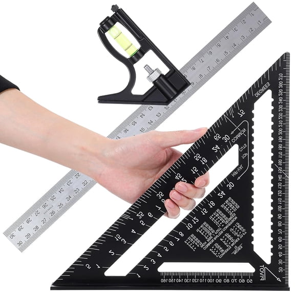 2-Piece Framing Square 12 Inch and Combination Set, Aluminum Alloy Triangle Ruler Tool for Woodworking, Carpentry, Layout(Black)