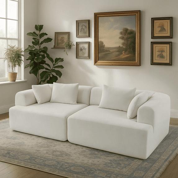 2-Piece Full-Foam Modular Couch, 96" Bouclé Sectional with Plush Pillows, Contemporary Rounded Arms, Compressed Pack, Cream