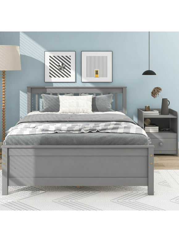 2 Piece Full Size Platform Bed Frame Set with A Nightstand, Headboard and Footboard, Modern Wood Bedside Table with Drawer Storage, Gray