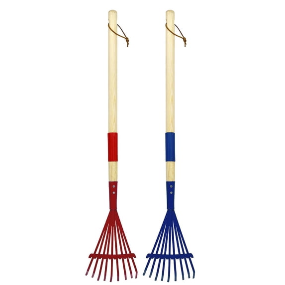 2 Piece Garden Rake Leaf Set Wooden Handle 9 Tine Rake For Leaf Collection Hay Raking Kids Play Household Use