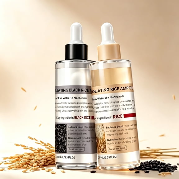 2-Piece Gentle Rice & Black Rice Exfoliating Serum Set with Niacinamide, Hydrating Brightening Facial Essence for All Skin Types