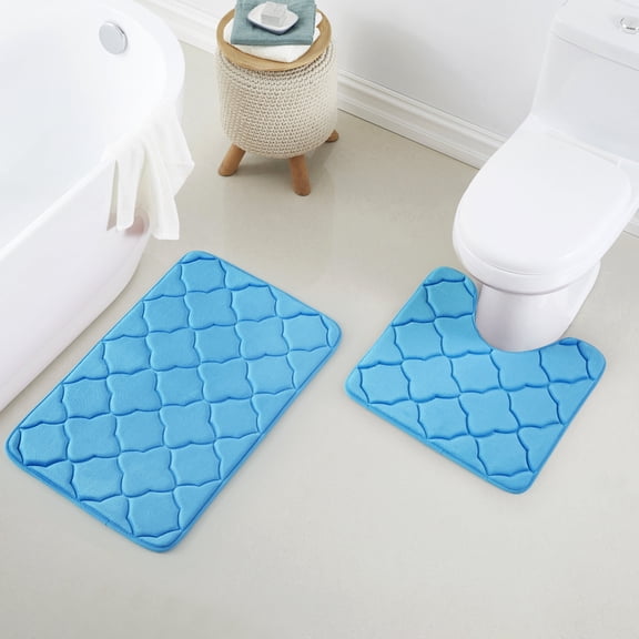2 Piece Geometric Design Solid Color Memory Foam Rug Set Non-Slip PVC Backing
