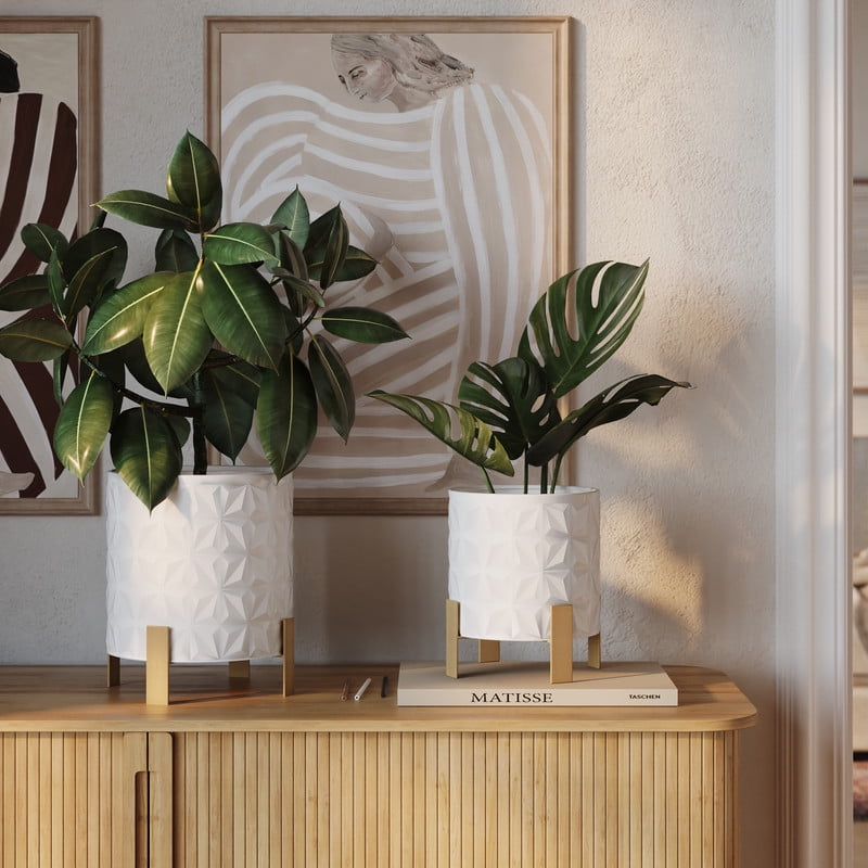 2-Piece Geometric Metal Planter Pot With 4-Leg Gold Metal Base - White - 12"H x 11"W / 10"H x 9"W