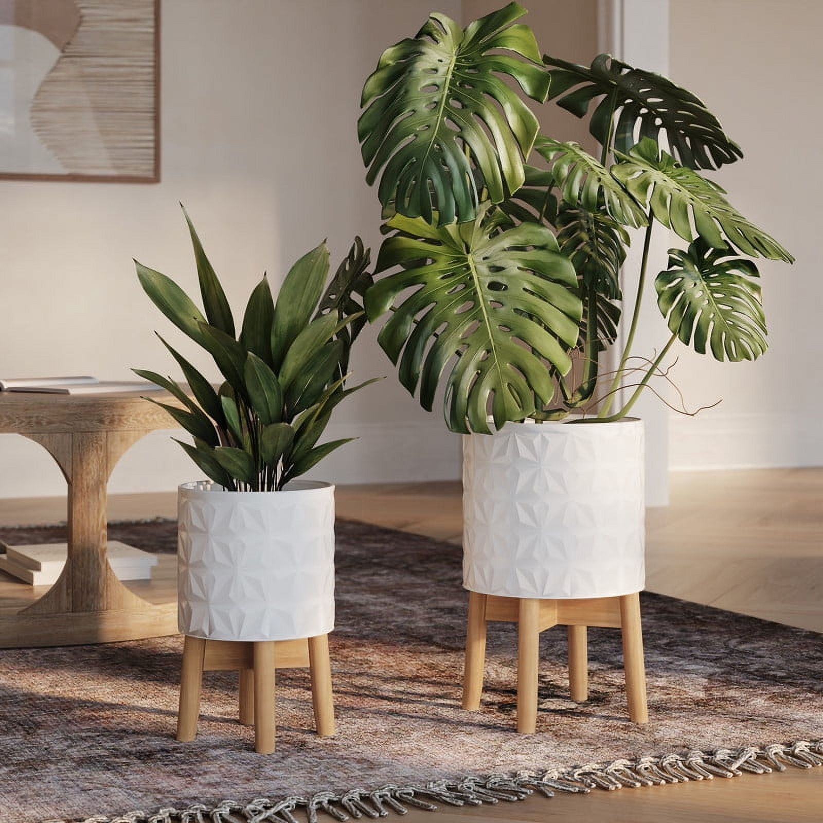 2-Piece Geometric Metal Planter Pot With 4-Leg Wood Base - White - 17"H x 10"W / 13.5"H x 8.5"W