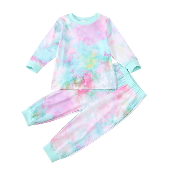 2 Piece Girl Clothing Set Cotton Tie Dye Long Sleeve Crewneck Top Jogging Pants Home Fashion Kids Casual Matching Outfits, Mint Green, 3 Years