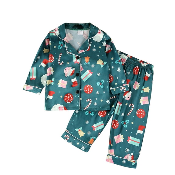 2 Piece Girls Boys Print Satin Pajama Set Button Down Long Sleeve Top and Pants Sleepwear