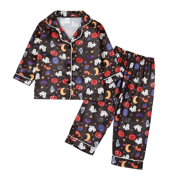 2 Piece Girls Boys Print Satin Pajama Set Button Down Long Sleeve Top and Pants Sleepwear