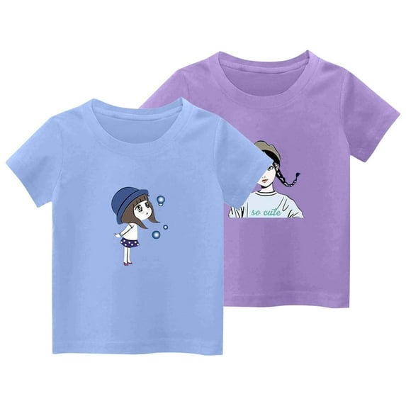 2-Piece Girls Cute T-Shirt Kids Summer Short Sleeve Tops Casual Cotton Trendy Crew Neck Graphic Tees Loose Blouses, Purple/Blue, 3 Years