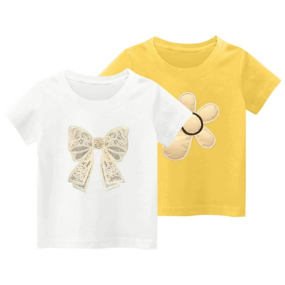 2-Piece Girls Cute T-Shirt Kids Summer Short Sleeve Tops Casual Cotton Trendy Crew Neck Graphic Tees Loose Blouses, Yellow/White, 3 Years