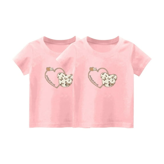 2-Piece Girls Cute T-Shirt Kids Summer Short Sleeve Tops Heart Casual Cotton Holiday Crew Neck Graphic Tees Loose Blouses, Pink, 1 Years