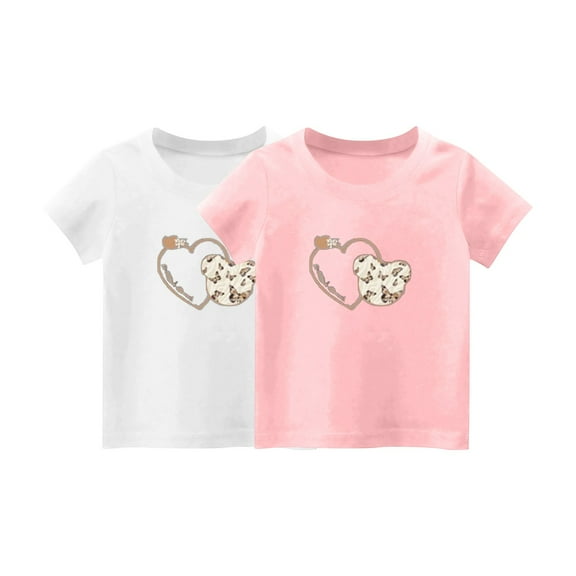 2-Piece Girls Cute T-Shirt Kids Summer Short Sleeve Tops Heart Casual Cotton Holiday Crew Neck Graphic Tees Loose Blouses, White/Pink, 6 Years