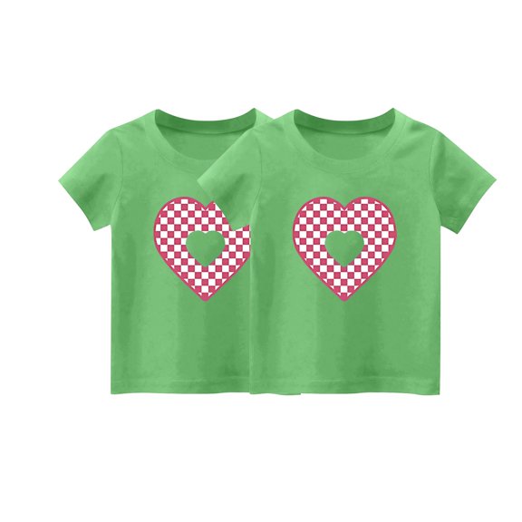 2-Piece Girls Cute T-Shirt Kids Summer Short Sleeve Tops Heart Casual Cotton Trendy Crew Neck Graphic Tees Kids Gift, Green, 10 Years