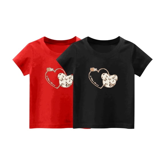 2-Piece Girls Cute T-Shirt Kids Summer Short Sleeve Tops Heart Casual Cotton Trendy Crew Neck Graphic Tees Loose Blouses, Red/Black, 1 Years