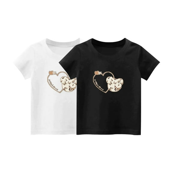 2-Piece Girls Cute T-Shirt Kids Summer Short Sleeve Tops Heart Casual Cotton Trendy Crew Neck Graphic Tees Loose Blouses, White/Black, 10 Years