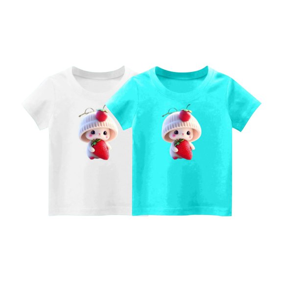 2-Piece Girls Cute T-Shirt Kids Summer Short Sleeve Tops Rabbit Casual Cotton Trendy Crew Neck Graphic Tees Kids Gift, White/Blue, 6 Years