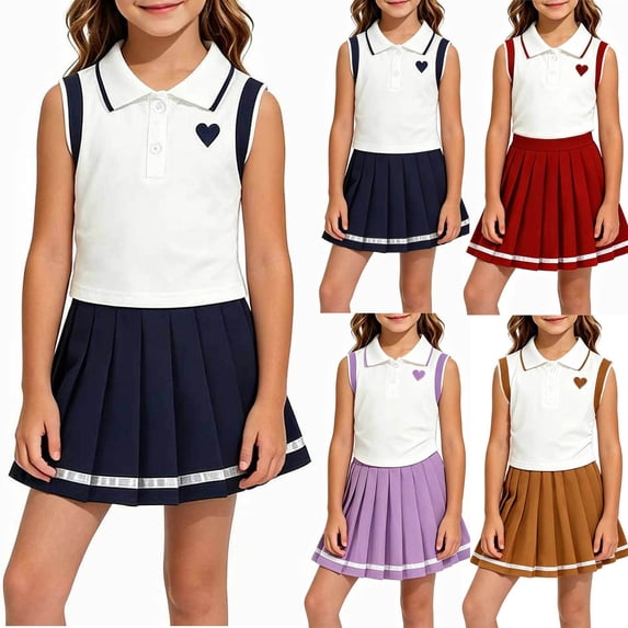 2 Piece Girls' School Outfits Sleeveless Heart Print Golf Tee Shirts & Pleated Tennis Skirt Summer Casual Cute Uniform Going Out Set