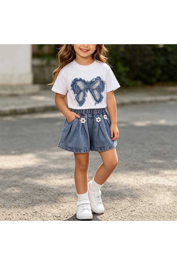 2 Piece Girls Shorts Set Cute Frayed Denim Bowknot Graphic Tee Clothes And Pleated Wide Leg Shorts Outfit With Daisy Flower Buttons Casual Summer Fashion Suit