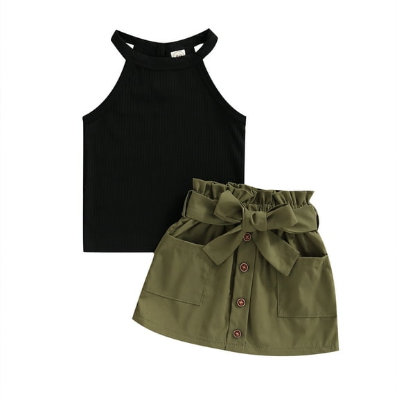 2-Piece Girls Summer Outfits, Ribbed Off-Shoulder Tank Tops + Ruffle Skirt with Pockets for Kids, 9 Months to 5 Years