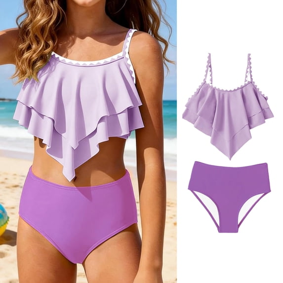 2 Piece Girls Swimsuit Tankini Set Tiered Ruffled Design Bathing Suit Adjustable Straps Girls' Swimwear for Summer 2026