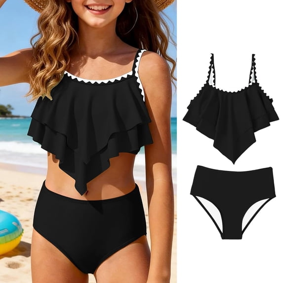 2 Piece Girls Swimsuit Tankini Set Tiered Ruffled Design Bathing Suit Adjustable Straps Girls' Swimwear for Summer 2026