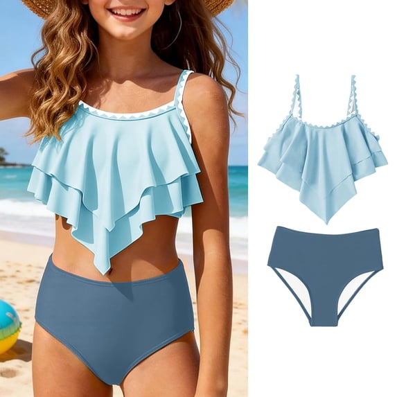 2 Piece Girls Swimsuit Tankini Set Tiered Ruffled Design Bathing Suit Adjustable Straps Girls' Swimwear for Summer 2026