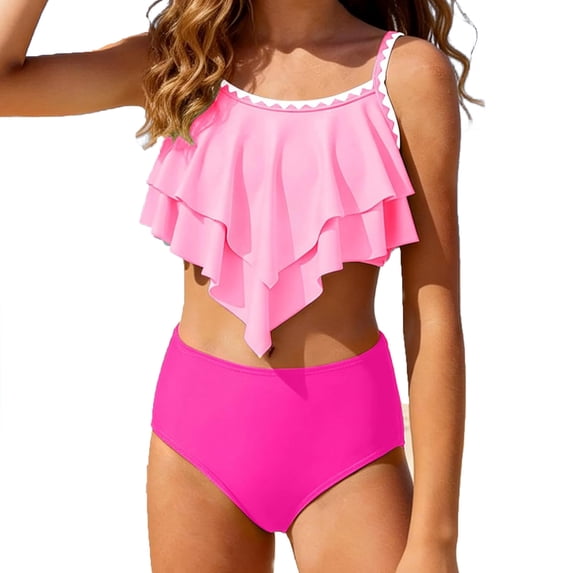 2 Piece Girls Swimsuit Tiered Ruffled Bathing Suit with Adjustable Straps Summer Girls' Swimwear with High Waist Bottoms Tankini Set 7-16Y