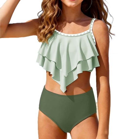 2 Piece Girls Swimsuit Tiered Ruffled Bathing Suit with Adjustable Straps Summer Girls' Swimwear with High Waist Bottoms Tankini Set 7-16Y