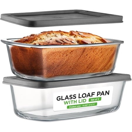 2-Piece Glass Loaf Pan Set, 1.9-QT Stackable Tempered Glass Bread Pans w/Airtight BPA-Free Lid - Dishwasher, Oven, & Microwave Safe, 62oz Loaf Dish Set