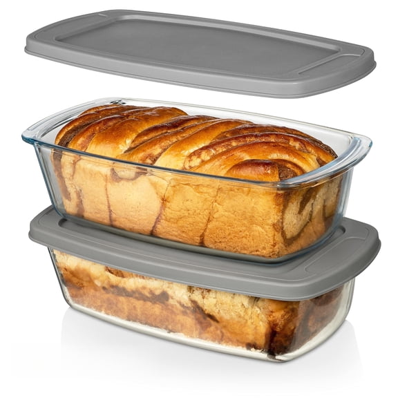 2 Piece Glass Loaf Pan Set with Lids - Stackable 1.9 QT/62oz Glass Bread Baking Dishes - 2 Food Storage Containers + 2 Airtight Lids, Oven & Microwave Safe, Dishwasher Safe - Clear