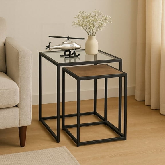 2-Piece Glass & Metal Nesting Table Set  Contemporary Styling for Versatile Use