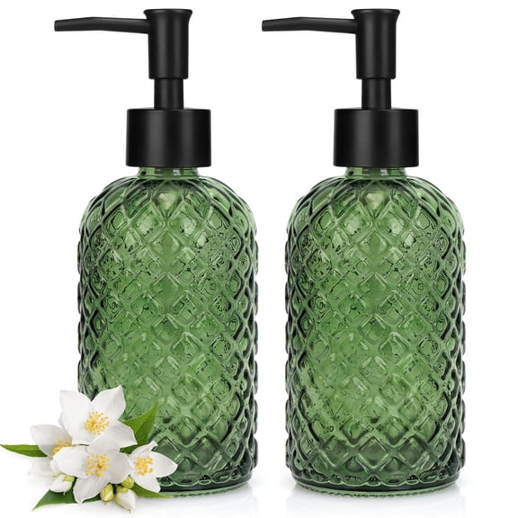 2-Piece Glass Soap Dispenser Set 13.5 oz / 400 ml Green Pineapple Texture Hand Soap Refill Bottle Portable Travel Pump Bottle Home Kitchen & Bathroom Refill Bottle