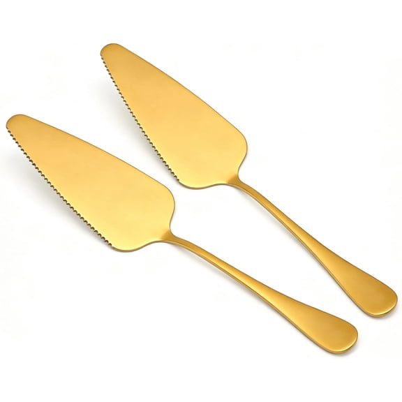 2 Piece Gold Cake Server Set with Serrated Pie Cutter and Knife, 8.94 Inch Stainless Steel Wedding Cake Serving Set for Dessert, Birthday Party, Banquet, Pastry Cutter and Server