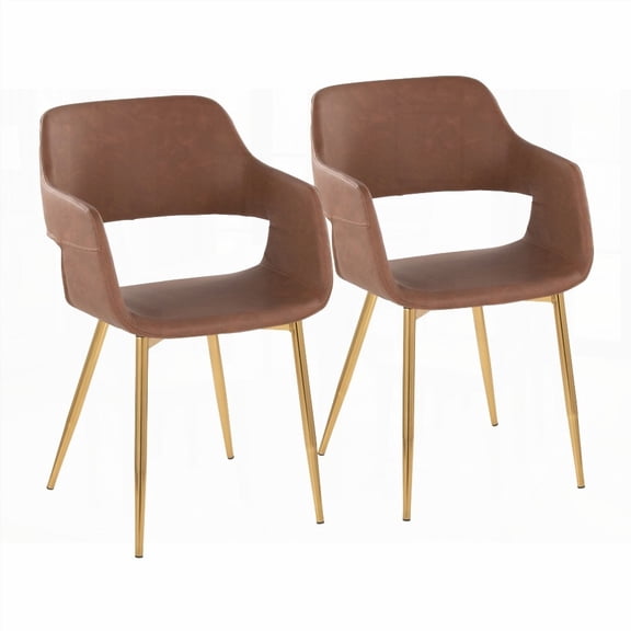 2-Piece Gold Metal & Brown Faux Leather Contemporary Dining Chairs - Fits Daily Meals