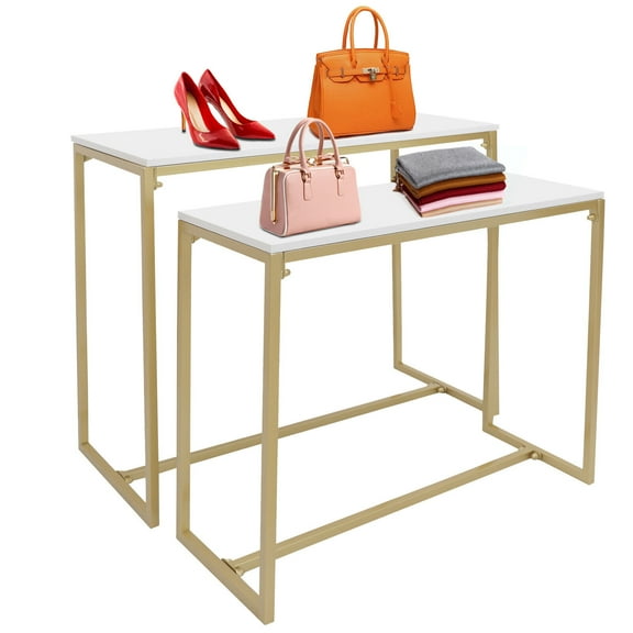 2 Piece Gold Metal Shoe Handbag Display Stand, Heavy Duty Display Table for Retail Stores 35.4*15.7*22in Commercial Rack Metal Shelf Metal Nesting Tables Gold Display Riser Shelf