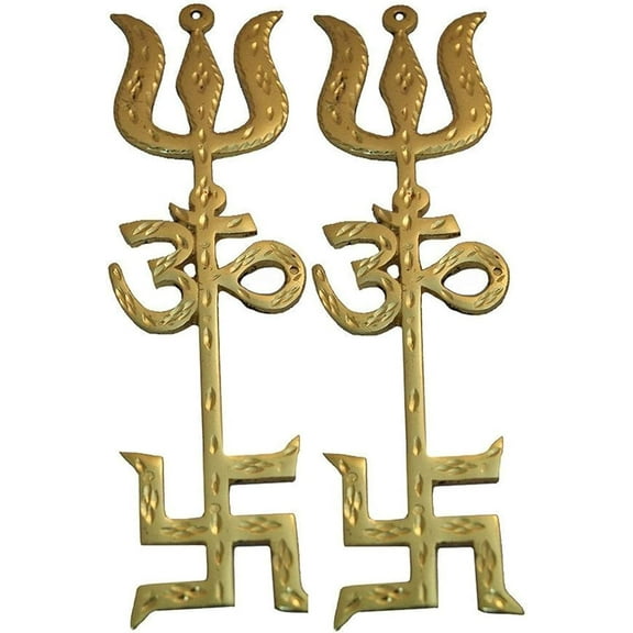 2 Piece Gold Plated Om Swastik Trishul Approx 6 inch Car Hanging Brass Tri Shakti Buddha Tantra Yantra Car Home Dcor