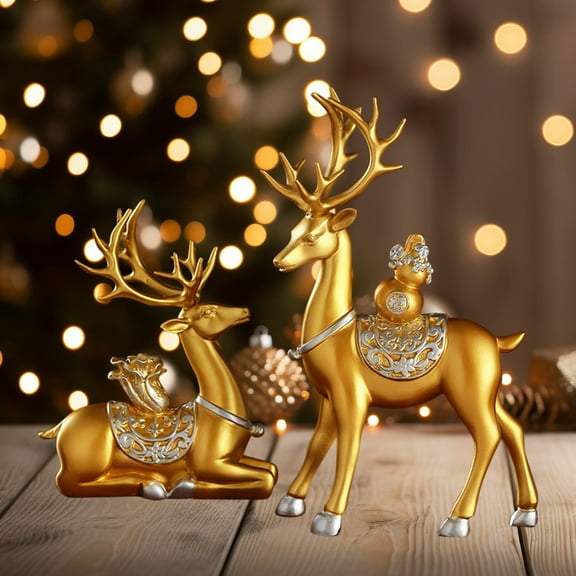 ​2-Piece Gold Resin Deer Statue Set - 7.5" & 11.8" Prosperity Sculptures for Desk/Office Decor ,Desktop Centerpiece Gift Pair​​ Gold