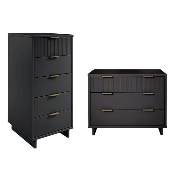 2-Piece Granville Solid Wood Tall Narrow and Standard Dresser Set in Dark Grey