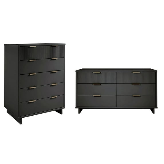 2-Piece Granville Solid Wood Tall Chest and Double Dresser Set in Dark Gray