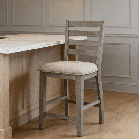 2-Piece Gray Counter Height Chairs, Beige Upholstered Traditional Dining Kitchen Furniture