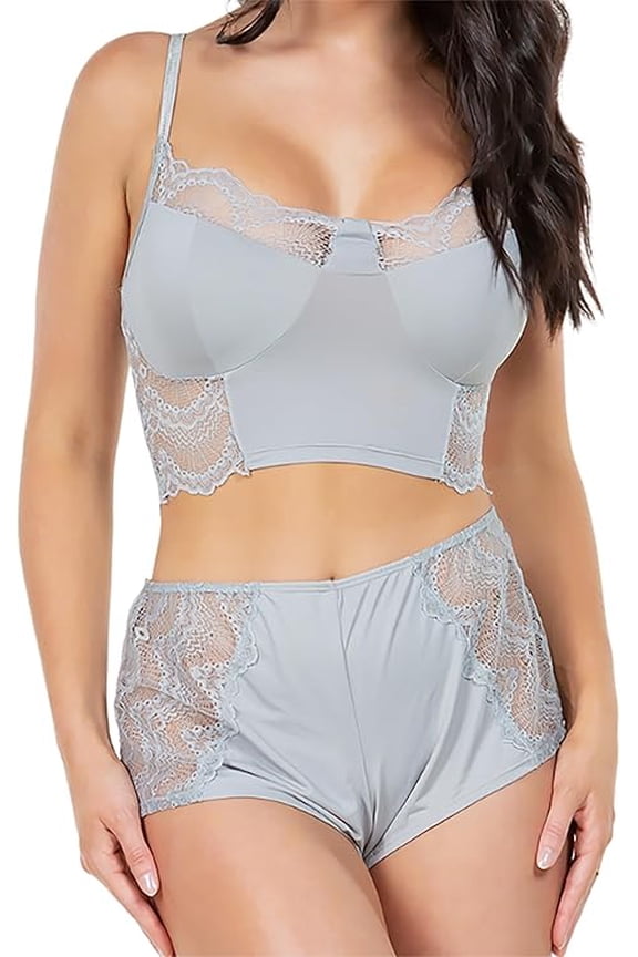 2 Piece Gray Lace Trim Cami Crop Top and Matching ShortsLingerie Sleepwear