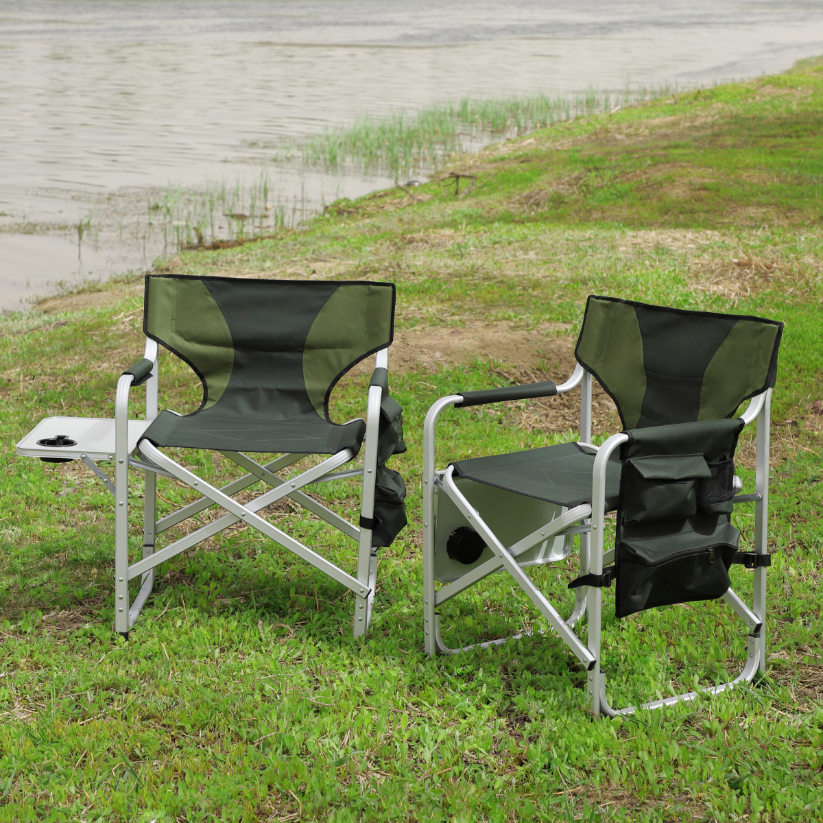 2-Piece Green Padded Folding Oversized Directors Chair   with Side Table & Storage Pockets for Camping, Picnics  Fishing & Indoor  Outdoor Use