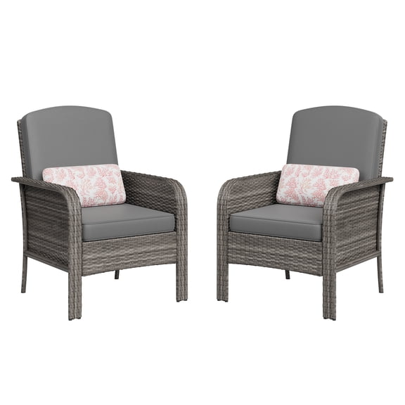2-Piece Grey Ombre Wicker Patio Chair Set – Weatherproof Handwoven Rattan with Thick Blue Cushions – Compact Outdoor Seating for Deck, Porch, Backyard