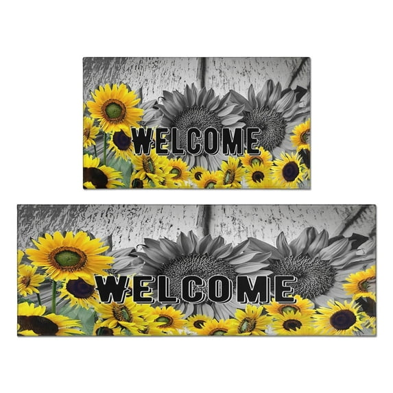 2 Piece Grey Sunflower Flowers Rug Kitchen Rug Set, Decor Kitchen Rugs, Absorbent Non-Slip Washable Floor Mats, Home Indoor Runner Rugs 17"x47"+17"x30"