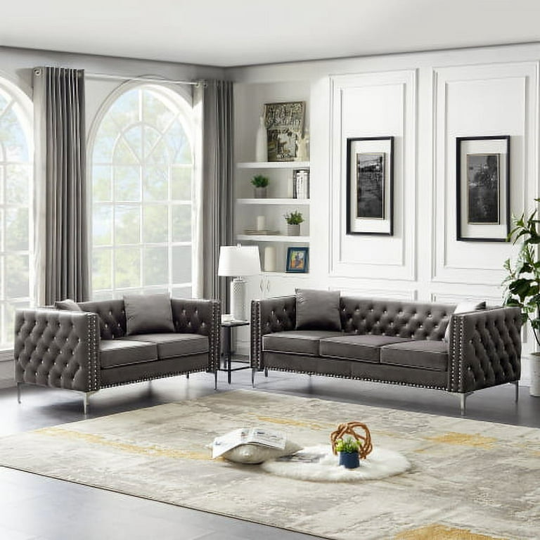 2-Piece Grey Velvet Upholstered Living Room Furniture Set, Including  3-Seater Sofa and Loveseat with Jeweled Buttons, Square Arm, Four Pillows
