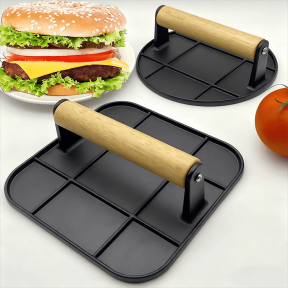 2-Piece Grill Press Set, Solid Cast Aluminum Smash Burger Press with Oak Wood Handle, Square & Round Patty Shaper for Hamburgers, Paninis, Sandwiches, BBQ