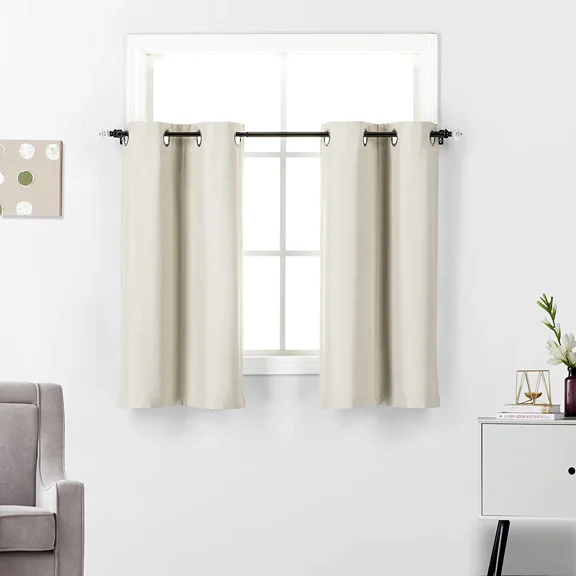 2 Piece Grommet Top 100% Blackout Window Treatment Curtain Tiers Set, 27"W x 24"L - Beige