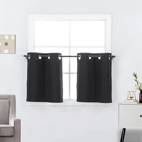 2 Piece Grommet Top 100% Blackout Window Treatment Curtain Tiers Set, 27"W x 24"L - Black