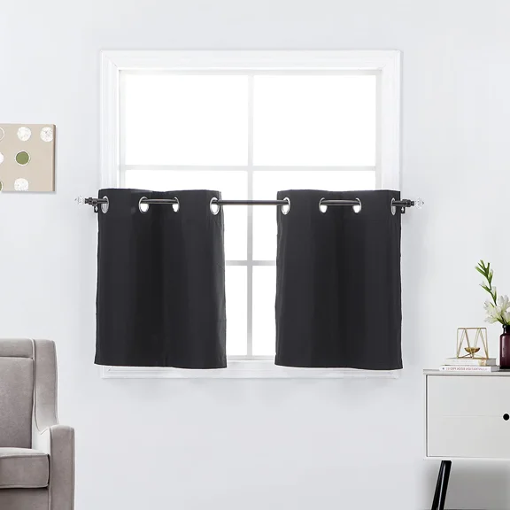 2 Piece Grommet Top 100% Blackout Window Treatment Curtain Tiers Set, 27"W x 36"L - Black